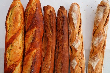 Wall Mural - View of crusty French baguette bread loaves