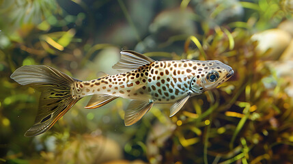 Wall Mural - The image depicts a spotted fish swimming in clear water.
