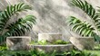 stone podium with tropical leaves for product presentation, mockup template of three stone pedestal in nature environment, green grass background, 3d rendering