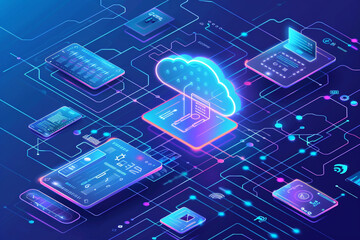 Wall Mural - online, cloud storage, contact, computing, tablet, phone home devices with online. linking computer 