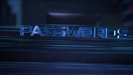 Passwords. Businessman using a computer in a dark room. 3d rendering. 4K. 60fps