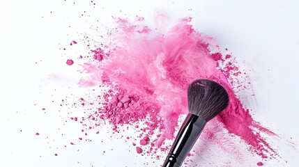 Wall Mural - Pink powder explosion on a white background with a makeup brush