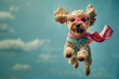 Cute puppy superhero in goggles and a cape flying to the rescue with copy space.