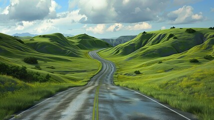  Road passing through verdant hills, 3D vector illustration