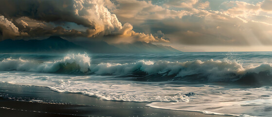 Wall Mural - The foreground features a dark sandy beach with white foamy waves gently rolling in