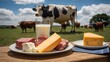 A glass of fresh cow milk, raw meat and cheddar cheese on a plate with cow with farm in background. Cow farm. Natural product and livestock concept. AI Generative.