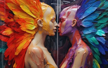 Wall Mural - Two statues of two people with colorful feathers on their faces. Generative AI.