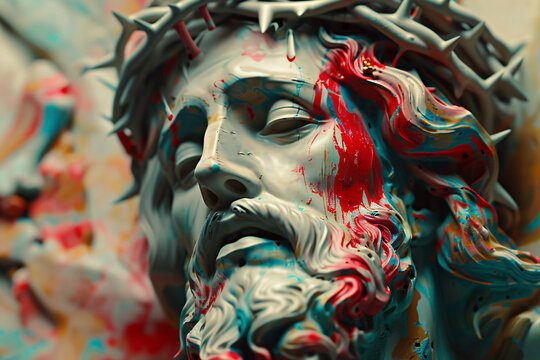 Jesus Christ with crown of thorns praying to god. Religion and christianity concept. Easter holiday. Artistic abstract background