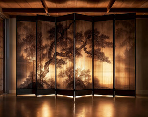 Japanese decorative panel with a tree painted in ink style, folding screen room divider.

