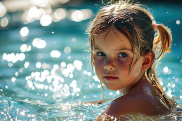 Wall Mural - A young girl in a swimming pool with her hair wet. Generative AI.