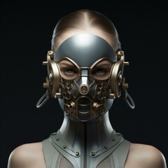 A woman wearing a mask with metal gears on her face. Generative AI.