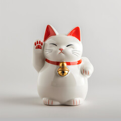 Decorative figurine of the Maneki-neko lucky cat sitting on a white background.