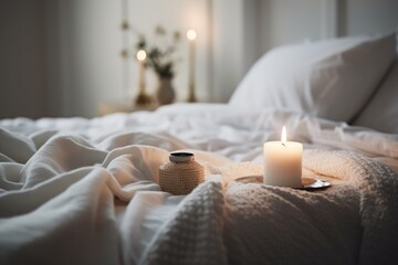 Wall Mural - A serene bedroom setting featuring a single lit candle placed on the bed, creating a warm and inviting ambiance, emphasizing relaxation and tranquility in home comfort