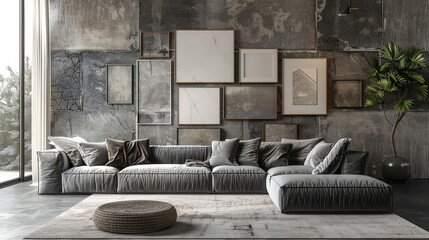 Wall Mural - Contemporary Interior Design Background. Interior of living room  with sofa and with artistic photo paint frames.