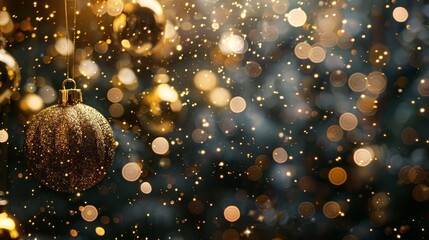 Wall Mural - Golden happy Christmas light decorations and ornaments in winter night background with confetti bokeh