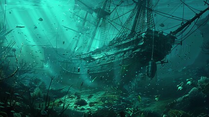 Wall Mural - Mysterious underwater shipwreck teeming with marine life, sunken treasure, digital painting