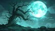 Spooky silhouette of gnarled tree against massive full moon, eerie night sky illustration