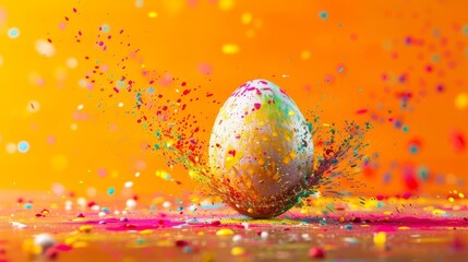 Wall Mural - Colorful Easter egg exploding in a vibrant splash of colors against a striking orange background, symbolizing joy and renewal
