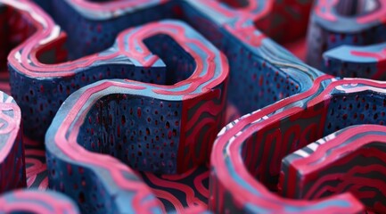 The image captures the depth and complexity of layered textures, with each undulating surface painted in contrasting blue and red tones.