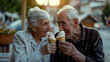 Elderly couple enjoys ice cream cones together, their faces glowing with happiness and satisfaction as they relish the creamy treats in a sunny cityscape