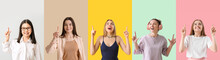 Collage Of Girls With Raised Index Fingers On Color Background