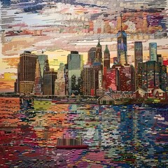 Wall Mural - a painting of a city skyline with a lake in front of it