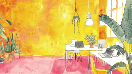 Poster - A drawing showcasing a room with a desk and a laptop placed on top. The room appears to be well-lit and organized, with emphasis on the workspace setup