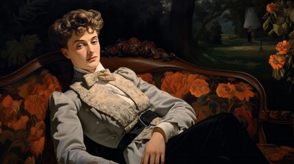 Wall Mural - A woman is sitting on a couch with a floral pattern. She is wearing a white shirt and a gray jacket