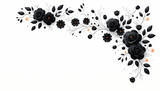 Fototapeta  - A delicate black rose and floral arrangement in the far left corner against a white background only with a 16:9 aspect ratio. The composition should feature a detailed black rose.
