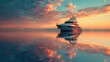 A high-definition image of a sleek, modern yacht on calm waters at sunset, with its reflection creating a symmetrical effect