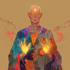 Poster - a drawing of a man holding two glowing hands