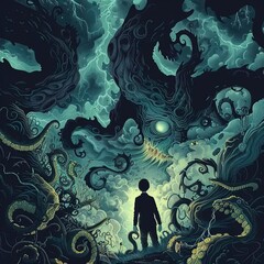 Wall Mural - a man standing in front of a giant octopus