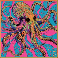 Wall Mural - an octopus with a pink background and a yellow border