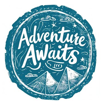 a blue and white logo with the words adventure awaits
