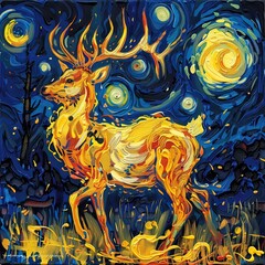 Poster - a painting of a deer in a starry night