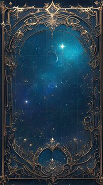 a painting of a blue and gold frame with stars in the background