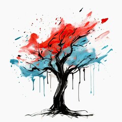 Wall Mural - a painting of a tree with red and blue leaves