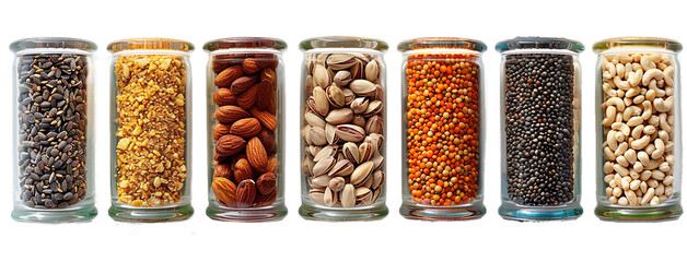 Wall Mural - Panorama of glasses with different types of nuts, seeds and grains in storage jar such as sunflower, cashew, pistacia,almonds, lentils isolated on transparent background.