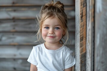 A young girl with blonde hair and blue eyes is smiling for the camera