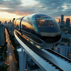 Wall Mural - a monorail train traveling over a city at sunset