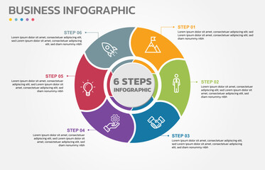 Wall Mural - Visual data presentation. Cycle diagram with 6 options. Pie Chart Circle infographic template with 6 steps, options, parts, segments. Business concept. Marketing infographic vector illustration.
