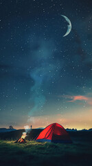 person camping with red tent and camp fire on the field hill at night with crescent moon and stars