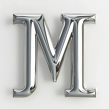 a chrome letter m on a white background
