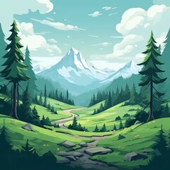 Wall Mural - a painting of a mountain landscape with trees