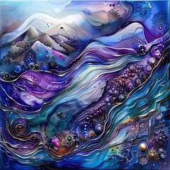 Wall Mural - a painting of a mountain range with blue and purple colors