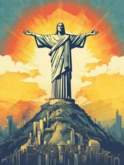 Sticker - a painting of the statue of christ on top of a mountain