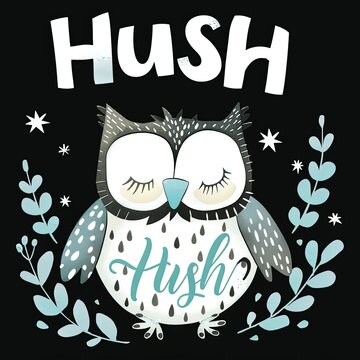 an owl with its eyes closed and the words hush above it