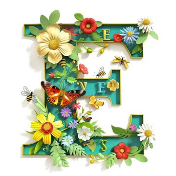 the letter e is made up of flowers and butterflies