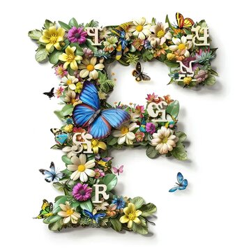 the letter f is made up of flowers and butterflies
