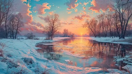 Wall Mural - a painting of a sunset over a frozen river